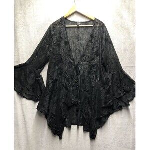 Lavanya Woman Popover Top Size 1X Black Velvet Floral Front Tie Flare Sleeve